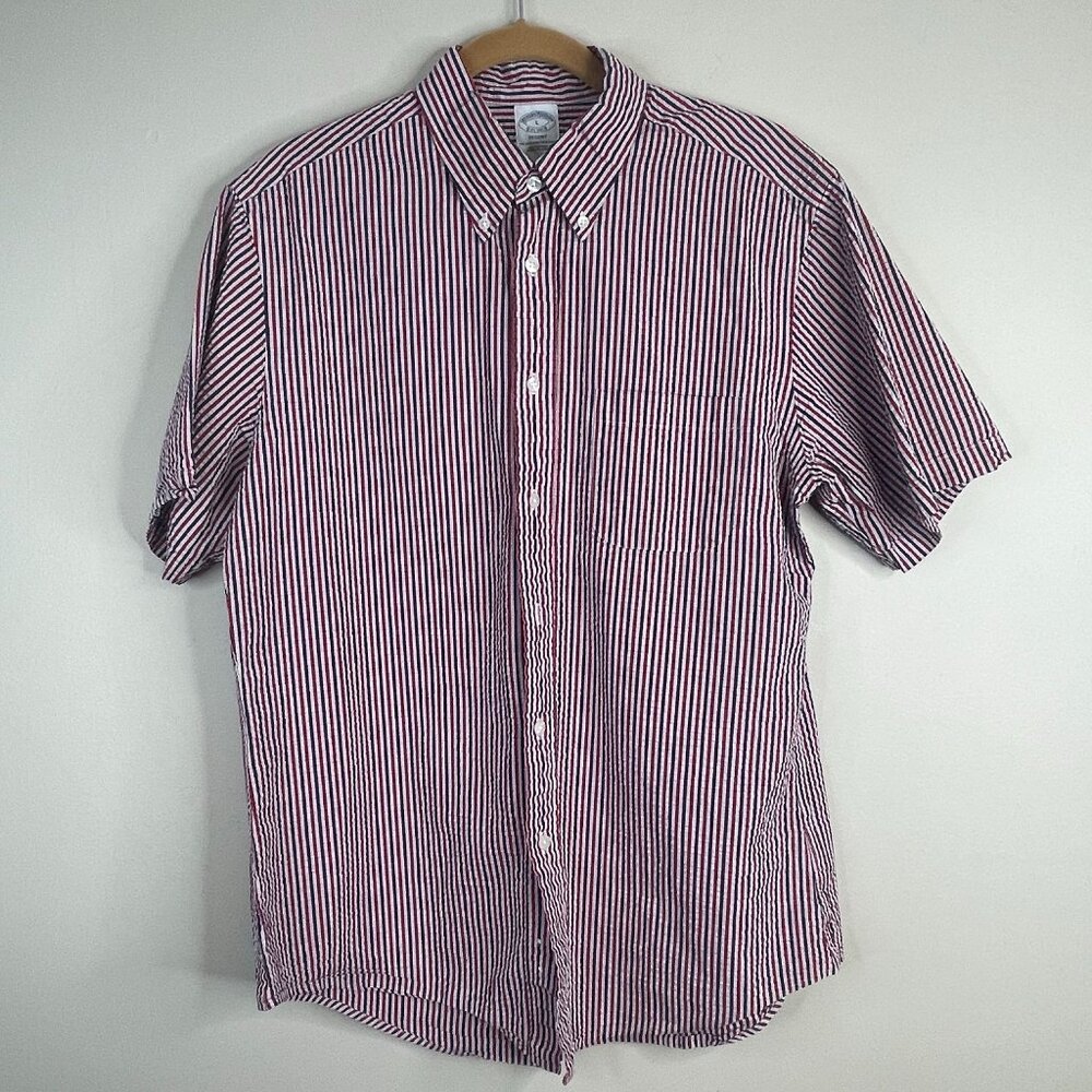 Brooks Brothers Vintage Seersucker Shirt Mens Large Blue Red Preppy Old Money